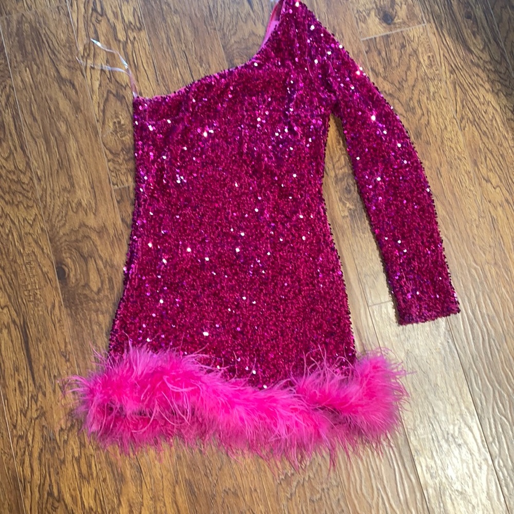 Hot pink sequin dress with feathers
